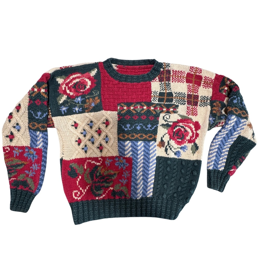 Vintage Knit Patchwork Sweater Women M Chunky Floral‎ Cottagecore Granny Rose